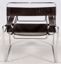 Lot#69, KNOLL WASSILY, MID CENTURY MODERN, CHROME AND LEATHER, ARMCHAIR, H 29", W 21", D 25"Marcel Breuer for Knoll Wassily mid century modern chrome and Cappuccino brown leather seat, side panels, armrests and backrest.