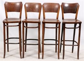 Lot#77, MUNDUS POLISH BENTWOOD BAR STOOLS, FOUR, H 43"Having wrought iron foot rests.