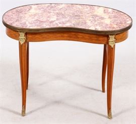 Lot#82, FRENCH LOUIS XV MARBLE TOP END TABLE, H 20", W 26" D 14"A kidney form end table with cabriole legs and bronze mounts and edging, parquet inlaid design. From the Estate of Daniel Clancy, Voltaire Place, Grosse Pointe Farms.