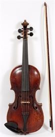 Lot#336, AFTER STAINER, ANTIQUE VIOLIN, CIRCA 1880, W 8", L 24"The Violin has "Stainer" impressed at the top back of the body.  At the inside of the violin, it states, "Jacobus Stainer in Abram Prope Oenipontum 1711".  This information is printed it is NOT handwritten.  Included is a bow and antique "GSB" Wood violin case.