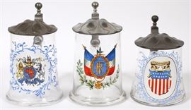 Lot#88, ST. LOUIS WORLDS FAIR GLASS & PEWTER STEINS, 1903, H 7" - 9" With enamel decoration. American, French and English. Pewter hinged lids.