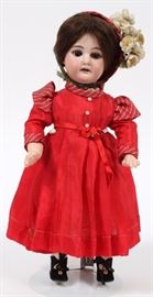 Lot#347, ARMAND MARSEILLE, #3600, 2/0 BISQUE HEAD DOLL, H 11.6"Open mouth with teeth, open shut eyes, composition body. Red dress.