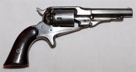 Lot#408, REMINGTON 'NEW MODEL', .32 CAL. CARTRIDGE CONVERSION, POCKET PISTOL, C1863, L 3 1/2" BBL, #23331.Remington 'New Model' cartridge conversion pocket pistol. Having a 5 round cylinder, spur  trigger, nickel finish. Approximately .31 cal. Serial #23331. Stamped on barrel: "954" and "34" on recoil plate. Cylinder marked "954". Stock penciled "331". Frame marked "23331", above a "21" or "24". "1698" marked on grip. Patent marked on barrel: "New Model, September 4th, 1858, March 17th, 1863, E. Remington & Sons, Ilion, N.Y.