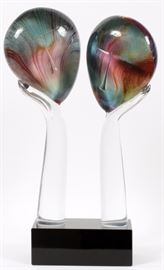 Lot#1021, DINO ROSIN (ITALIAN, B.1948), MURANO GLASS SCULPTURE, H 24", W 14", "AMANTI"Two abstract Murano glass figures entitled "The Lovers", purchased from Rick Moore, Naples, in 2001. Fitted to a black glass base. From the Estate of Jean Mayer, Bloomfield Hills, Mich.