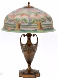 Lot#1022, PAIRPOINT REVERSE PAINTED GLASS LAMP, H 25", DIA 20"Berkley style shade signed Mano. Base impressed "Pairpoint D  8015". New Bedford, Ma. Circa 1910 - 20.