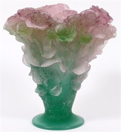 Lot#1024, DAUM PATE DE VERRE 'ROSES' VASE, H 11", DIA 10 1/2"Etched signature at the base of the foot "Daum France".