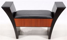 Lot#1028, LEATHER UPHOLSTERED BANQUETTE, H 26", W 49",A black leather banquette. Depth 20". Teich-Davis Interiors, Ferndale, Mi. From the Estate of Jean Mayer, Bloomfield Hills, Mich.