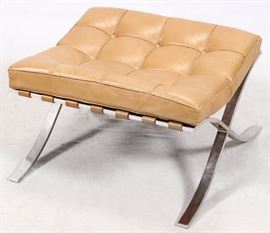 Lot#1034, MIES VAN DER ROHE FOR KNOLL BARCELONA STOOL, H 14 3/4", W 24", L 20 1/2"With brown leatherette cushion and chrome frame. Labels on underside(see web photos). From the Estate of Daniel Clancy, Voltaire Place, Grosse Pointe Farms.