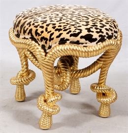 Lot#1037, MODERN FOOTSTOOL, H 20", DIA 20"With a gilt rope design and cheetah print upholstery.  Contemporary.  From the Estate of Daniel Clancy, Voltaire Place, Grosse Pointe Farms.