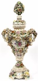 Lot#2001, DRESDEN, MONUMENTAL PORCELAIN URN, 19TH.C. H 38", W 18"German Dresden, Meissen style potpourri urn in three parts, separate base and cover. Raised garden flowers in full relief. See photo of trade mark.