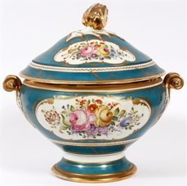Lot#1293, FRENCH, SEVRES PORCELAIN TUREEN WITH COVER, 19TH.C. H 12",Gilt flower finial and outlines.  Four flower hand painted reserves. Sevres underglaze blue "Ls" mark. Width 12 1/2".