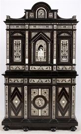 Lot#2003, NORTHERN ITALIAN BAROQUE EBONY AND MARQUETRY INLAY CABINET H 93" W 54 1/2" D 21"NORTHERN ITALIAN-style Baroque ebony and marquetry inlay breakfront cabinet. With arched pediment. Marquetry scenes include Classical subjects. From the Estate of Daniel Clancy, Voltaire Place, Grosse Pointe Farms.