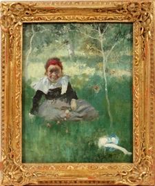 Lot#2007, CHARLES WALTENSPERGER (1870 - 1931) OIL ON CANVAS, H 14 1/2", W 12"Signed in the lower left.  Young girl seated in a pasture with trees.  In a gilt wood frame, signed lower left. From the Estate of Daniel Clancy, Voltaire Place, Grosse Pointe Farms.