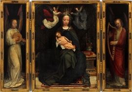 Lot#2008, OLD MASTER ADRIAEN ISENBRANT (FLEMISH, 1490-1551), TRIPTYCH, OIL ON WOOD PANEL, "CORONATION OF THE VIRGIN"Depicting the Coronation of the Virgin. Unsigned. Mounted in a hinged metal frame attached to gilt wood frame. The center panel measures H. 14" x 10", with the outer panels measuring H. 14" x 3 3/4".  Cancelled blue and black stamp on verso as well as an illegible, unidentified incised circular seal.