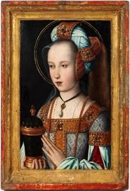 Lot#2009, OLD MASTER PORTRAIT PAINTER OF BRUGES (FLEMISH, 15TH/16TH C.), OIL ON WOOD PANEL, H 10 1/4", W 6 1/2", "MARY OF BURGUNDY"Depicting a young lady holding a covered vessel, adorned with jewels, and wearing an elaborate turban style head-dress. Unsigned and framed.  Verso of thick, non-bevelled wood panel having a stamped 'H' in black