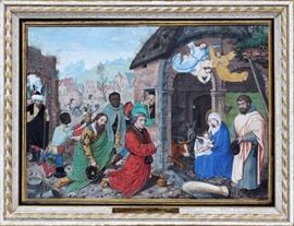 Lot#2010, CIRCLE OF GHEERHARDT DAVID OF BRUGES (FLEMISH, 15TH/16TH C.), OIL ON PAPER, H 6 1/2", W 9", THE BIRTH OF CHRIST. Depicting Mary, Joseph, and Jesus with  the three wise men in manger. Unsigned. Framed under glass in a velvet lined shadowbox.
