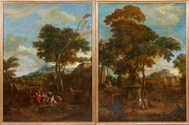 Lot#2018, ATTRIBUTED TO P.D. HONDT, FLEMISH OILS ON CANVAS, 18TH C., PAIR, H 91", W 67", "RACHEL AT THE WELL" & "JOSEPH SOLD INTO SLAVERY""Rachel at the Well" signed "P.D. Hondt" in the near lower right (see photo detail).  Both paintings are attributed to Phillipe de Hondt (Flemish, 1683-1741).  Large format. In gilt wood frames.  From the Estate of Daniel Clancy, Voltaire Place, Grosse Pointe Farms; sold by Christie's New York, Friday, January 31, 1997, lot #54 (see Christie's labels lot 54, 8584 2 KB172 listing them as a pair (see photo details), both were listed as attributed to P.D. Hondt by Christie's in the before mentioned sale.