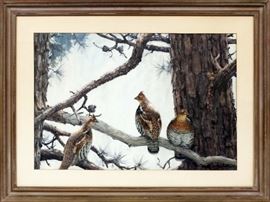 Lot#2019, AIDEN LASSELL RIPLEY, WATERCOLOR, THREE GROUSE H 19: W 28""Three Grouse on Hard Pine". (AMERICAN, 1896-1969) Sporting Gallery and Bookshop, 38 East Fifty-Eighth Street, New York label. Formerly the property of Henry Joy, Grosse pointe, Mich.