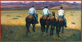 Lot#2022, HOWARD  E. POST, OIL ON CANVAS H 35" L 72" THREE RANCHERS.Three cowboys in Texas landscape. Contemporary American artist born in Tucson. Signed lower left: "H. E. Post".  Howard Post completed his bachelor’s and Master’s degrees in fine art at the University of Arizona. From the estate of Dollie Cole (Mrs. Edward ), of Michigan and Texas.