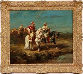 Lot#2026, ADOLF SCHREYER (GERMAN, 1828-1899), OIL ON CANVAS, H 22", W 26"Signed in the lower left corner, in a gilt wood frame. Arab horsemen on patrol in a Middle-Eastern landscape. From the Estate of Daniel Clancy, Voltaire Place, Grosse Pointe Farms.