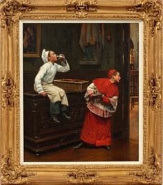 Lot#2029, PAUL CHOCARNE-MOREAU (FRENCH, 1855-1931), OIL ON CANVAS H 24", W 20"Oil on canvas laid down on masonite. Depicts two young boys, one dressed as a baker the other dressed as an altar boy in the vestry of a church. Signed lower right.