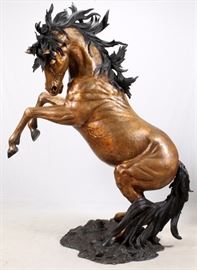 Lot#2063, BRONZE LIFE-SIZE REARING STALLION, H 95", L 72", D 42"