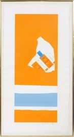 Lot#2081, ROBERT MOTHERWELL, LITHOGRAPH, COLLAGE & POCHOIR /GEORGES DUCHENE HAWTHORNE PAPER, 1973, "HARVEST WITH TWO WHITE STRIPES"From "Suite Summer Light".  #AP VI, 35 1/4" x 18 1/4".  Pencil signed lower right.  Includes the book, "The Painter and Printer: Robert Motherwell's Graphics 1943-1980".  Reference:  Engberg-Banach #142.