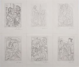 Lot#2176, PABLO PICASSO (SPANISH 1881-1973), ETCHINGS, 1962, 6, H 7 3/4" TO 8", W 5" TO 5 1/2", FORM "PICASSO LYSISTRATA ARISTOPHANES "Displayed in Les Pavilion des Arts.  Bearing black pencil signatures reading "Picasso".  No edition number on the prints.  Published by Gilbert Seldes.  Unframed.  Paper size:  10 3/4" x 8 1/4".  From the book edition.  Provenance:  "Le Pavillon des Arts Art De L'Ile De France", Paris, April 1992 certificate of authenticity (see photo detail) in customer file and accompanies the prints.  Being sold for the benefit of Marygrove College, Detroit, MI.  No other provenance available.