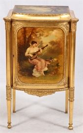 Lot#2223, PAINE FURNITURE CO., GILT WOOD MUSIC CABINET, H 38", W 21", D 15"Painted cabinet manufactured by Paine Furniture Co., Boston, MA. Late 19th or early 20th century. Oil paintings on top and front of chest. One door with shelves. Bottom of chest has #9605 and back of chest has #91 on it. Has key.