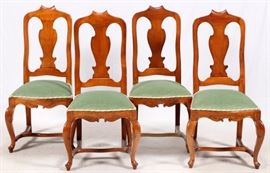 Lot#2312, QUEEN ANNE-STYLE SIDE CHAIRS, FOUR, H 41", W 19", D 22 1/2"Each having a vasiform splat and upholstered shaped seat above cabriole legs with carved knees, joined by an H-form stretcher, ending in pad feet. From the Estate of Daniel Clancy, Voltaire Place, Grosse Pointe Farms.