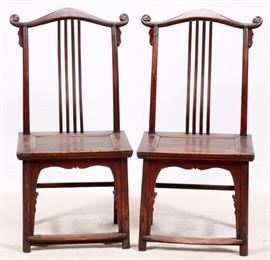 Lot#2313, CHINESE CONTEMPORARY SIDE CHAIRS, PAIR, H 46 1/2", W 22 3/4", D 19"A pair of carved Chinese style chairs; each with thin vertical back splats and straight tapered legs with carved details. From the Estate of Daniel Clancy, Voltaire Place, Grosse Pointe Farms.