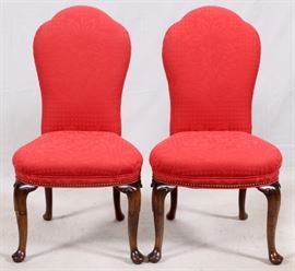 Lot#2418, QUEEN ANNE STYLE CARVED WALNUT RED FLORAL UPHOLSTERED SIDE CHAIRS, 20TH C., PAIR.Having cabriole legs on club feet. From the Estate of Daniel Clancy, Voltaire Place, Grosse Pointe Farms.
