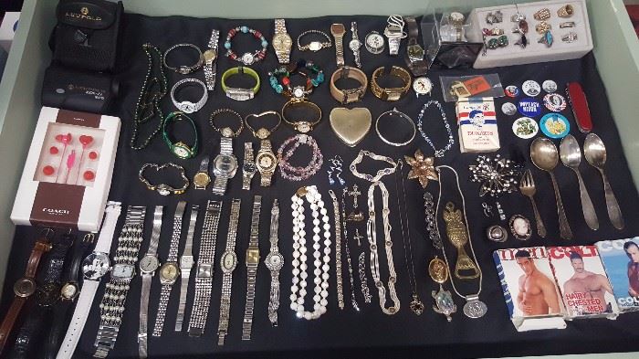 Sterling silver jewlery, spoons and misc, watches, coach ear buds