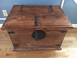 Solid wood square table with storage--rustic style with decorative metal.