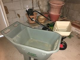 Lawn cart and spreader, assorted pots.