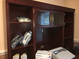 L-shape home office desk with hutch.