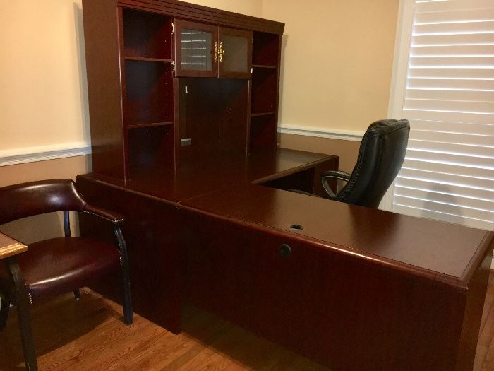 L-shape home office desk with hutch.