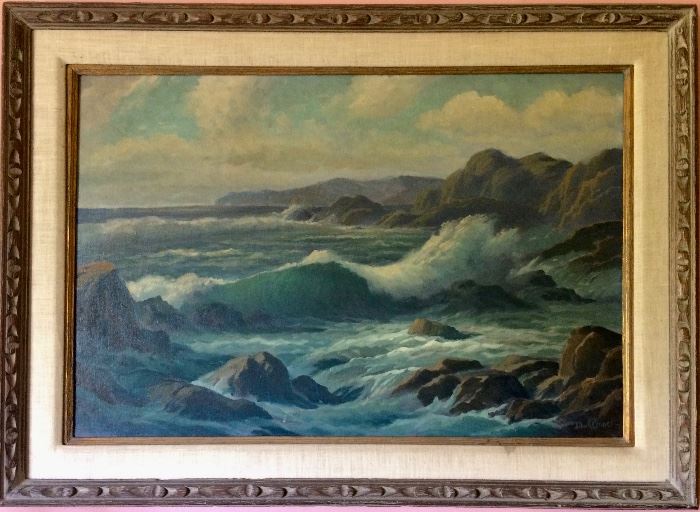 California Coast Seascape by John Anthony Conner (1892-1971), Oil on Canvas, 24"x36", a descendant of Susan B. Anthony and portraitist Gilbert Stewart, he worked in the Art Departments of Motion Picture Studios including MGM