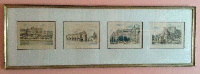Four, Framed and Matted Watercolors of French Chateaux by G.A. Dumarais.