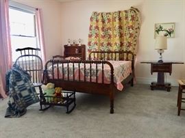 Antique Spool Bed: ¾ Mattress, Spool "doll" crib, Antique Hand-Pieced and Quilted Bed Covers/Coverlets, Antique Oil Lamps