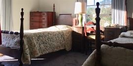 Pair Twin Beds, Late American Empire; Federal-Style Mahogany Chest; 20th Century Manufacture; Double Pedestal Desk & Ladder-back Chair 