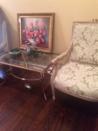 Elegant matching French Provincial chairs; glass top table; original oil