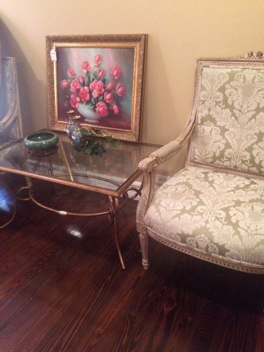 Elegant matching French Provincial chairs; glass top table; original oil 