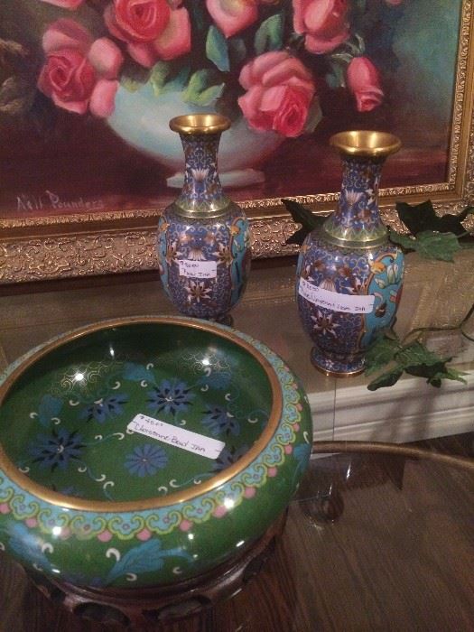 Cloisonne bowl & vases