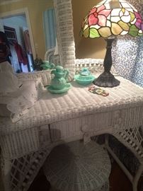 Wicker vanity, mirror, and stool; stain glass lamp