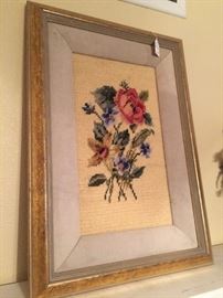 Framed needlepoint rose/flower bouquet 