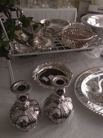 Lovely silver plate candle holders and other serving pieces