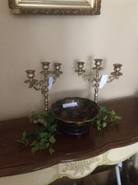 Sofa or entry table, candelabras, and Cloisonne bowl in browns/greens/golds