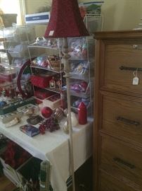 Christmas decorations; one of two matching floor lamps; four drawer wood file cabinet