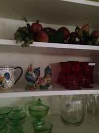 More roosters and colorful glassware